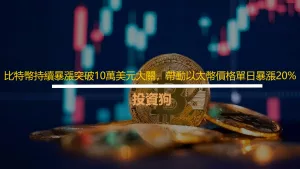 比特幣持續暴漲突破10萬美元大關，帶動以太幣價格單日暴漲20%